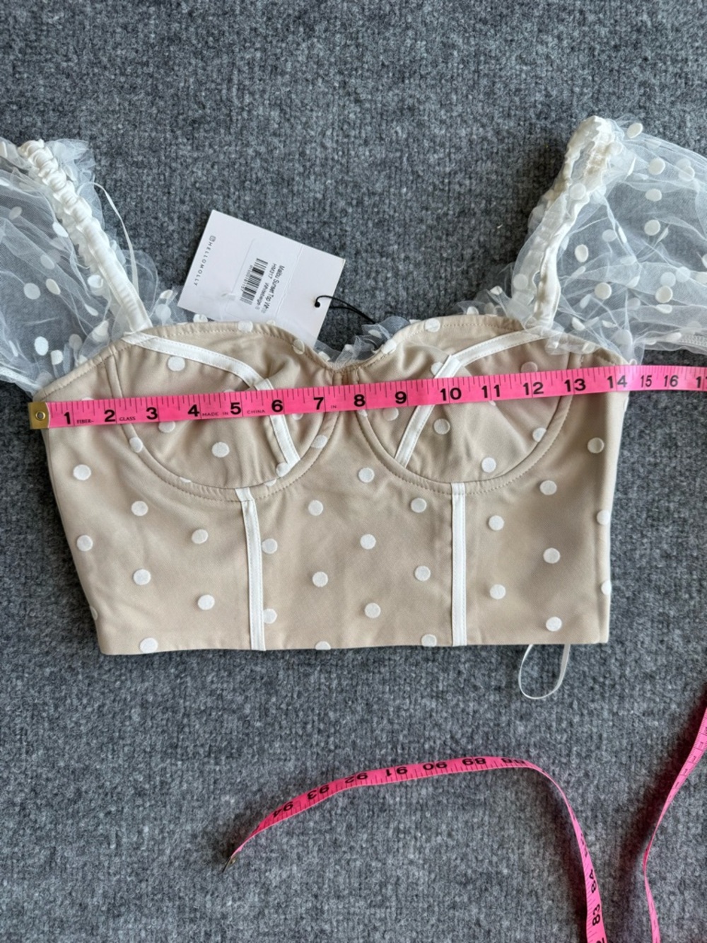 HELLO MOLLY Polka Dot Mesh Sleeve Bustier Top Beige White SMALL NEW - Picture 7 of 7